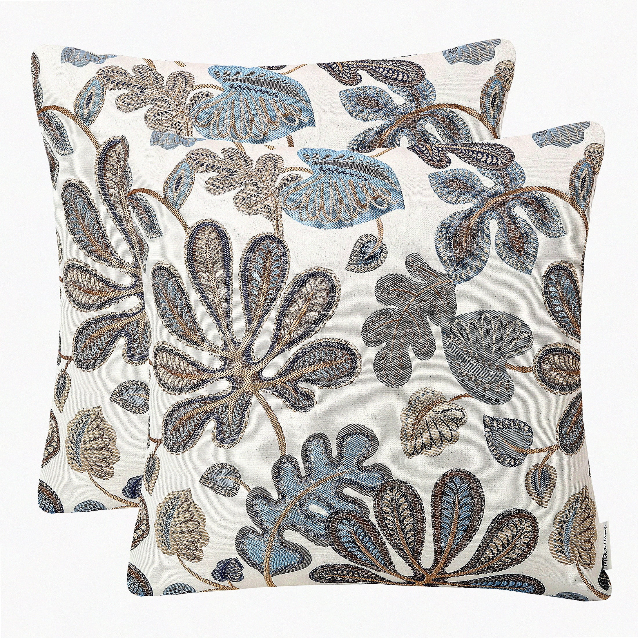 Set of 2 Blue Cream Jacquard Tropical Leaf Throw Pillow Covers 20x20 Inches