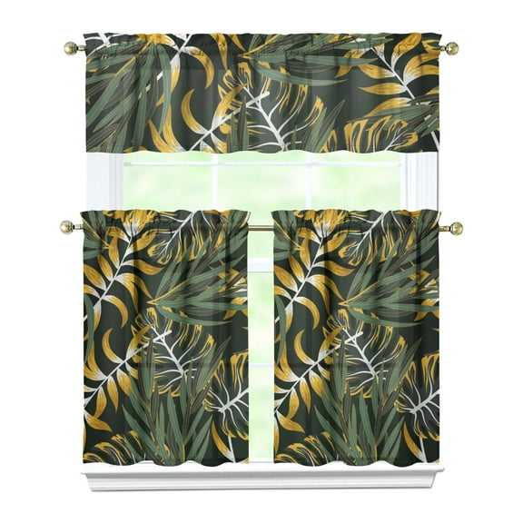 Tropical Leaf Kitchen Curtains Set, 27.5" x 36" Panels with Valance, Energy Efficient Kitchen Window Curtain Set for Home Decor