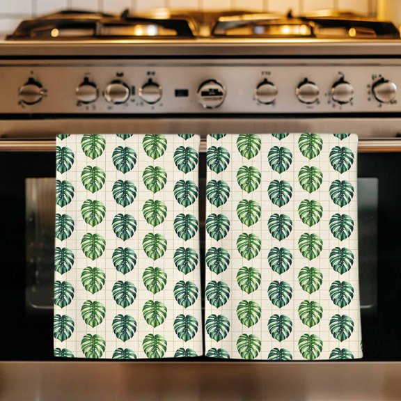 Tropical Leaf Kitchen Towels Set of 3, Boho Green Monstera Palm Leaves Botanical Beige Absorbent Dish Towels for Kitchen, Microfiber Hand Towel, Quick Drying Tea Towel Decorative Dishcloths