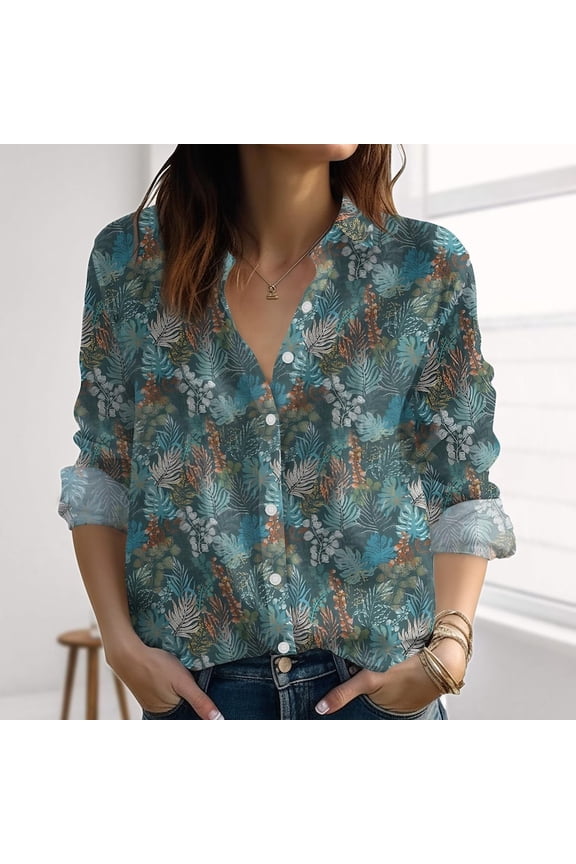 Tropical Leaf Linen-Look Shirt, Green Jungle Plant Blouse for Women, Botanical Print Summer Shirt, Casual Vacation Gift for Her, Blouse Button Up Shirt
