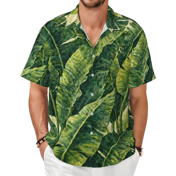Tropical Leaf Men's Shirts Short-Sleeved with All-Over Prints Button-Up Shirts