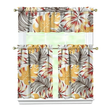Tropical Leaf & Palm Inspired Kitchen Curtains - Set of 3 with Valance, Easy Care Rod Pocket Panels