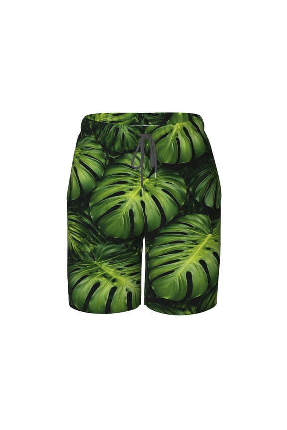 Tropical Leaf Pattern Beach Pants Teen Shorts with Mesh Lining and Drawstring