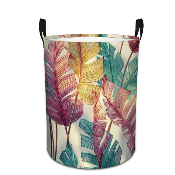 Tropical Leaf Pattern_ Print Laundry Basket & Storage Bin - Foldable Large Capacity Round Hamper for Bedroom, Laundry Room, Dorm