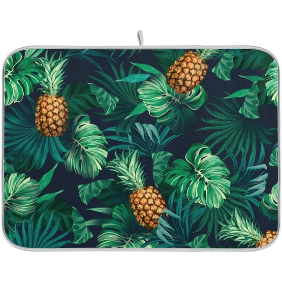 Tropical Leaf Pineapple Dish Drying Mat for Kitchen Counter, Ultra Absorbent Reversible Microfiber Dishes Drying Rack Pad Heat-resistant Mats 16x18in