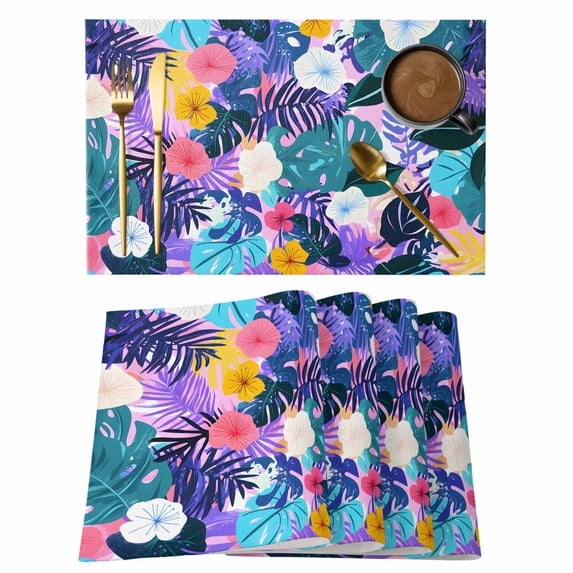 Tropical Leaf Placemats Set of 12 Purple Palm Plant Summer Flower Pastoral Place Mats Indoor Wipeable Table Mats Washable Cloth Dining Table Placemats for Kitchen Holiday Party Home Decor 13x19 Inch