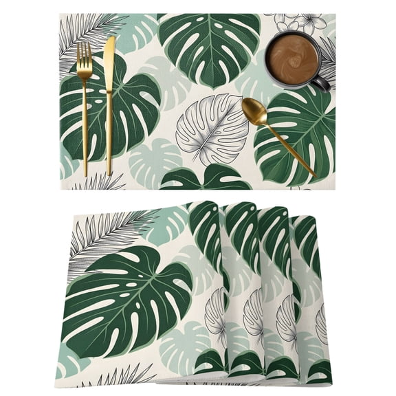 Tropical Leaf Placemats Set of 6, Summer Green Monstera Leaf Palm Frond Botanical Non-Slip Place Mats Washable Table Mats for Kitchen Dining Table Decorations Indoor/Outdoor