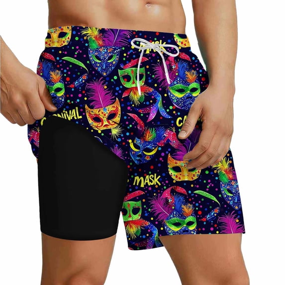 Tropical Leaf Print 2 in 1 Swim Shorts for Men Drawstring Waist Performance Bottoms Quick-Dry Beach Trunks with Built-in Compression Liner Summerwear