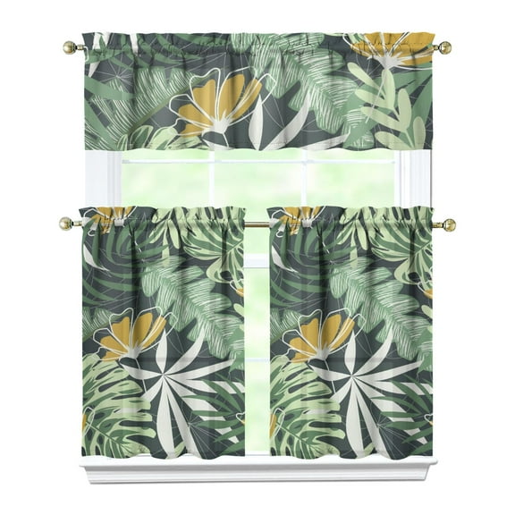 Tropical Leaf Print 3-Piece Kitchen Curtains Set - Aloha Style Valance + 2 Tier Panels Semi-Sheer Rod Pocket 54x18 + 27.5x36