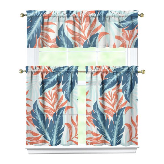 Tropical Leaf Print Kitchen Curtains Set of 3 - Vibrant Palm Inspired Valance + 2 Tier Panels Rod Pocket Easy Install