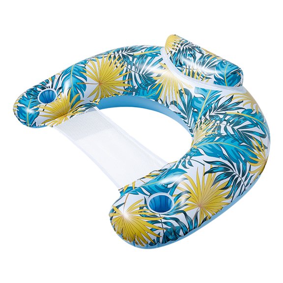 Tropical Leaf Print U-Shaped Thick Inflatable Pool Lounge Float Chair,Dual Cup Holder Mesh Seat Water Recliner,For Pool Lake Beach Summer Relax Floating-45.3"x33.5"