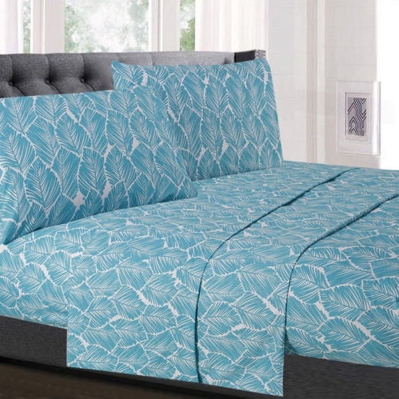 Tropical Leaf Printed Teal 4-Piece 1500 Supreme Collection Sheet Set Cal King