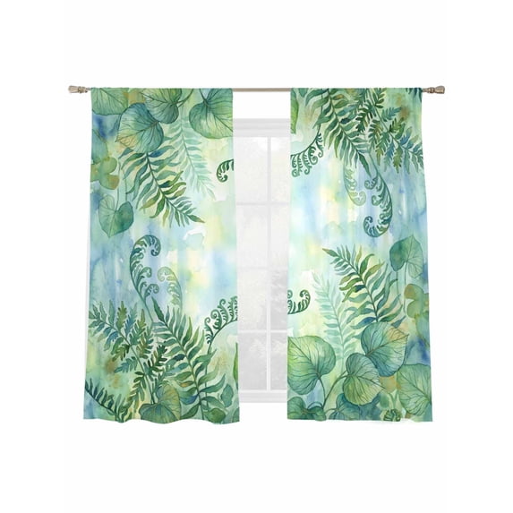 Tropical Leaf Sheer Curtains 2 Panels Set Summer Ferns Monstera Watercolor Plant Sheer Window Curtains Light Filtering Rod Pocket Voile Drapes for Bedroom Living Room 52"x63"
