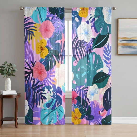 Tropical Leaf Sheer Curtains 96 Inch Length 2 Panels Set, Purple Palm Plant Summer Flower Pastoral Voile Window Treatment Semi Sheer Long Curtains Drapes for Bedroom/Living Room/Kitchen 52"x96"x2