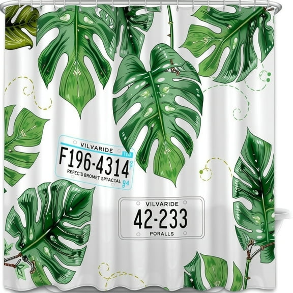 Tropical Leaf Shower Curtain - Glossy Green Leaves on White Modern Design with Movement Dots