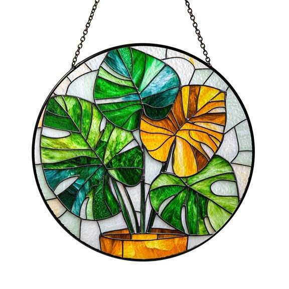 Tropical Leaf Stained Glass Style Suncatcher with Monstera Design, Decorative Window Hanging