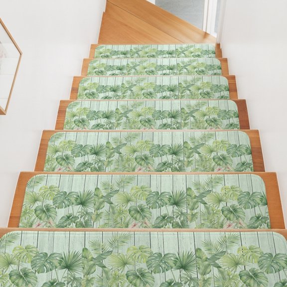Tropical Leaf Stair Treads Non Slip for Steps Summer Watercolor Green Palm Leaves Farm Wood Grain 15 Pcs Reusable Adhesive Stair Runner Mats for Dogs Elders Carpet Treads Rugs for Staircase 8x30 In