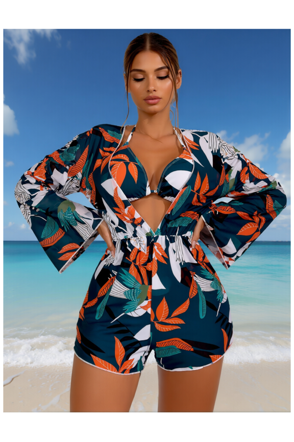 Tropical Leaf Swimsuit Set - 3 Piece Bathing Suit for Women - Long Sleeve Swim Cover Up, Halter Bikini Top & High Waisted Shorts - Beach Vacation Outfits