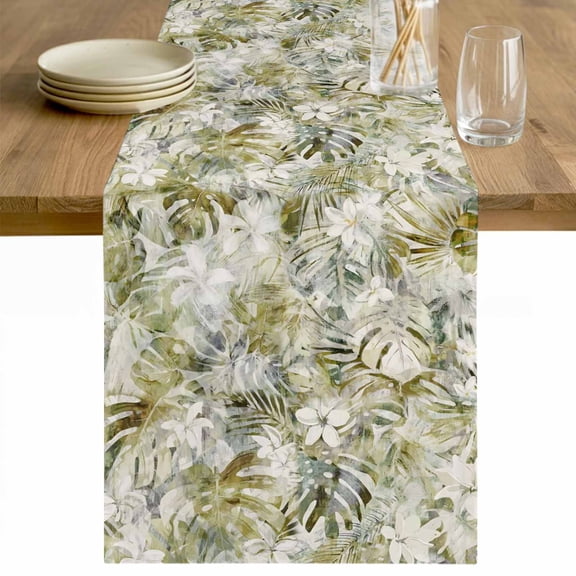 Tropical Leaf Table Runner 48 Inches Long Farmhouse Dress Scarves, Palm Leaves Plants Vintage Spring Green Dining Tablerunner for Coffee Table/Kitchen Island/Party Décor, 13" x 48"
