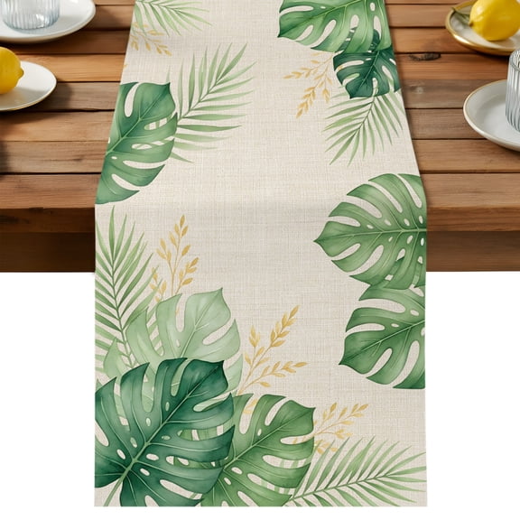 Tropical Leaf Table Runner Dresser Scarves, Green Palm Tree Hawaiian Linen Texture Table Runners 36 Inches Long,Non-Slip Washable Kitchen Dining Coffee Table Decor for Farmhouse Party Holiday Dinner