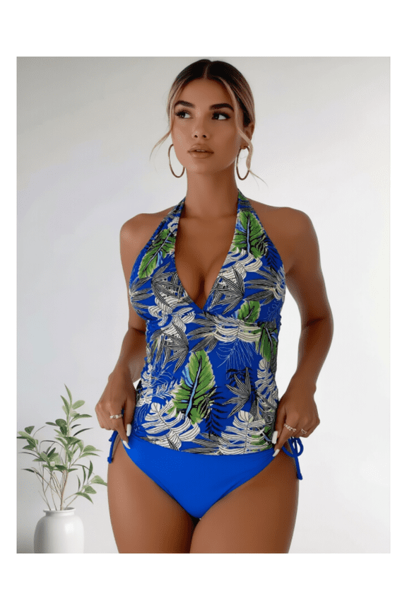 Tropical Leaf Tankini Set Women - 2 Piece Swimsuit Off Shoulder Bathing Suit Open Back Beachwear Tied Bikini Bottoms Quick Dry Summer Swimsuits