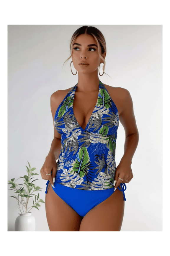 Tropical Leaf Tankini Set for Women - Off Shoulder Swimsuit, 2 Piece Bathing Suit, Open Back Beachwear, Tied Bikini Bottoms, Stylish Summer Swimsuit