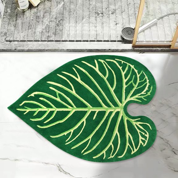 Tropical Leaf Themed Entrance Mat, 24x16 Inch Biomorphic Green Leaf Floor Rug for Indoor/Outdoor Use, Non-Slip High-Density Absorbent Door Mat for Office, Garden and Entryway, 1 Count