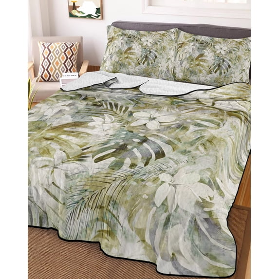 Tropical Leaf Twin XL Size Down Alternative Comforter, Lightweight Comforter Quilt Bedding Set with Pillow Shams Palm Leaves Plants Vintage Spring Green All Seasons Bed Comforter Duvet Insert 68"x98"