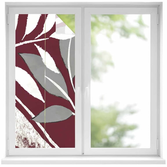 Tropical Leaf Window Privacy Film Abstract Grey White Leaves Silhouette Burgundy Decorative Glass Window Film UV Blocking Static Cling Non-Adhesive Sticker Covering for Home Door 17.7 x 39.3 inches