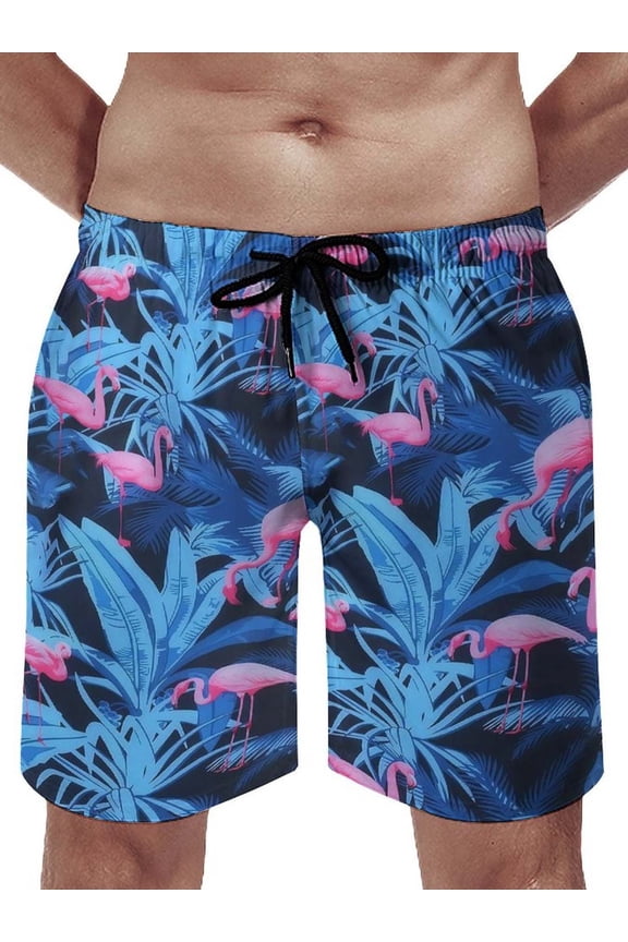 Tropical Leaf with Pink Flamingo Mens Swim Trunks Quick Dry Stretch Board Shorts with Soft Mesh Lining Funny Beach Short with Pockets 2XL-3XL