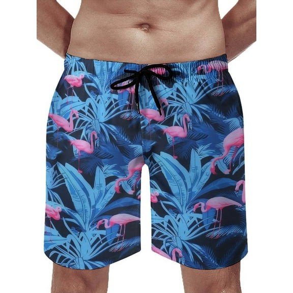 Tropical Leaf with Pink Flamingo Mens Swim Trunks Quick Dry Stretch Board Shorts with Soft Mesh Lining Funny Beach Short with Pockets S-M