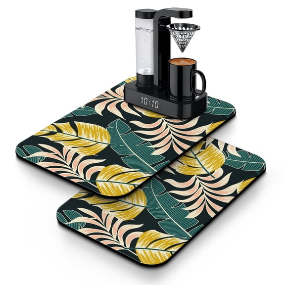 Tropical Leafy Coffee Bar Mat Set of 2 Colorful Exotic Design, 4-Layer Absorbent & Durable