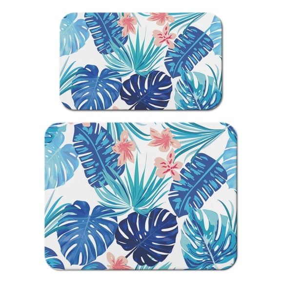 Tropical Leafy Coffee Bar Mat Set of 2 Colorful Exotic Design, 4-Layer Absorbent & Durable