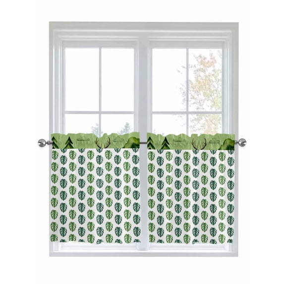 Tropical Leaves 2 Panel Kitchen Curtains for Small Windows, Green Monstera Palm Leaf Trees Botanical Bathroom Tier Curtain, Short Window Treatment for Bedroom/Living Room 55"x24"