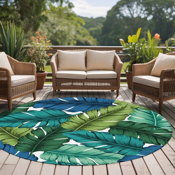 Tropical Leaves 8ft Round Rug for Open Concept Living Room Seating Zone, Leaf Pattern Lime Green Teal Blue Plants Washable Non Slip Large Circle Area Rug