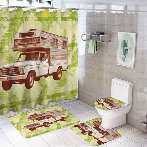 Tropical Leaves And RV Pattern Shower Curtain Waterproof Bathroom Curtain Set with Hooks Home Decor Bathroom Curtains 4pcs
