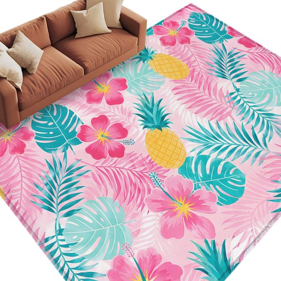 Tropical Leaves Area Rug 6x9 Washable Rug Non Slip Pink Blue Summer Palm Flowers Pineapple Large Area Rug Soft Stainresistant Indoor Floor Carpet for Living Room Bedroom Office Dining Room Nursery