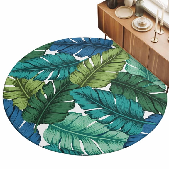 Tropical Leaves Area Rugs 4' (Round) Leaf Pattern Lime Green Teal Blue Plants Floor Rug Non Slip Low Pile Ultra Soft Throw Carpet for Entryway Indoor Entrance Kitchen Bathroom