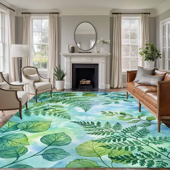 Tropical Leaves Area Rugs 5'x7', Washable Small Throw Rugs for Laundry Room Playroom, Summer Botanical Watercolor Leaf Indoor Outdoor Rug Non-Slip Low Pile Carpet Runner Reversible Floor Mats