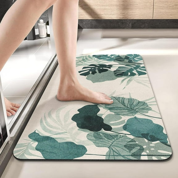 Tropical Leaves Bath Mat for Bathroom, Green Palm Leaves Quick Dry and Super Absorbent Bath Mat Rugs, Non Slip Rubber Backing Floor Mat 17x30 Inches for Kitchen Bedroom Indoor