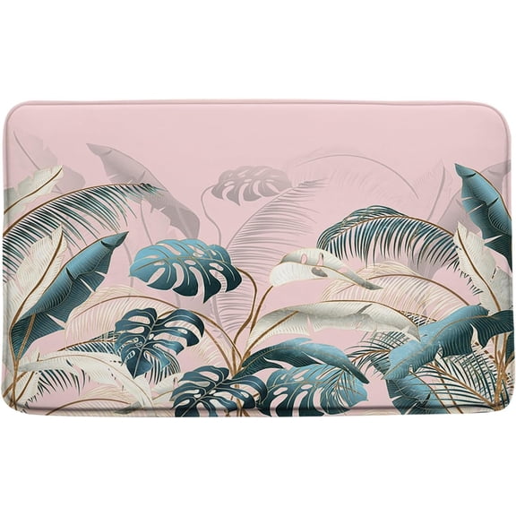 Tropical Leaves Bath Mat Blue Palme Leaf Plant Botanical Boho Summer Nature Pink Bath Rugs for Bathroom Kitchen,17.8x29.5 Inch