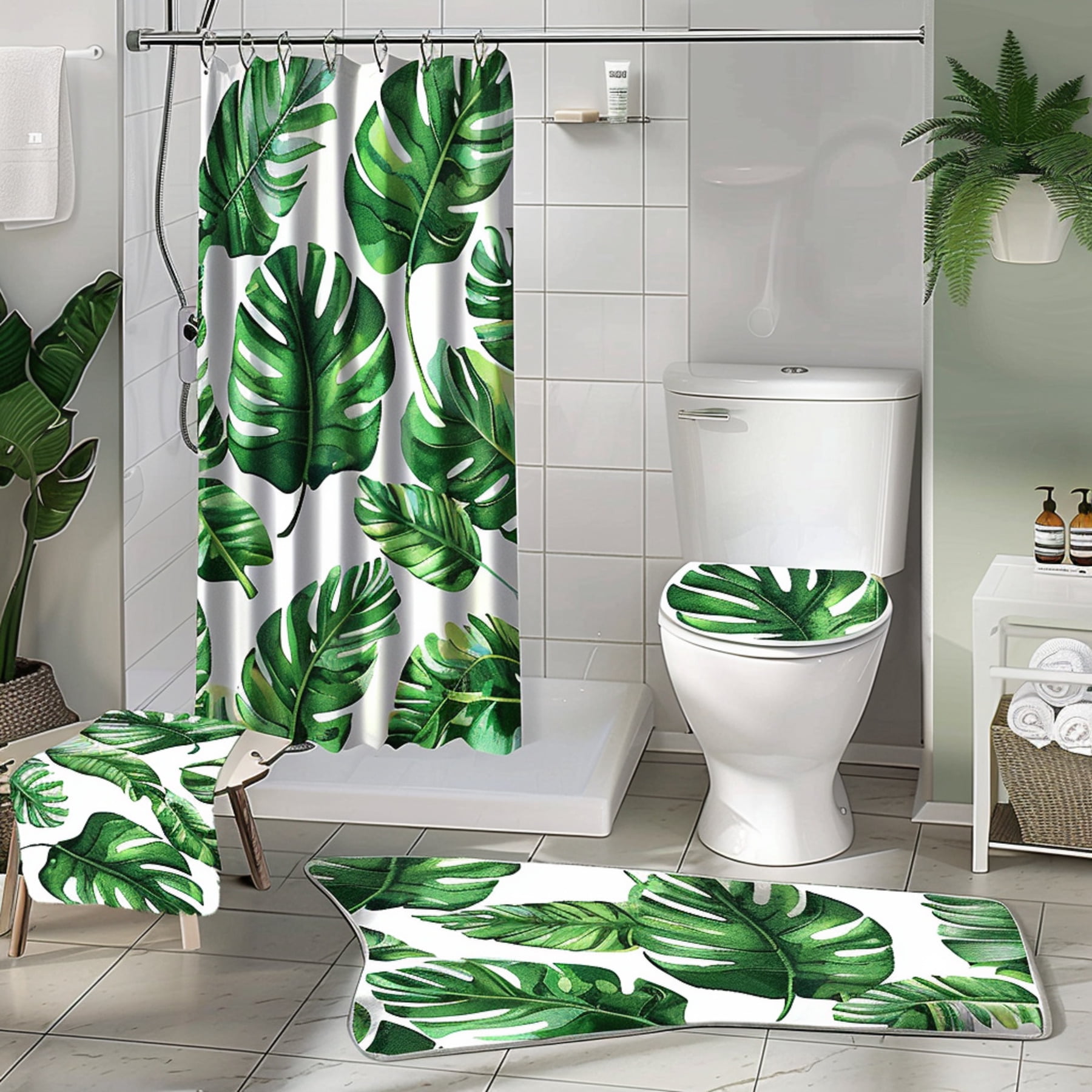 Tropical Leaves Bathroom Set Toilet Curtain White Background Shower