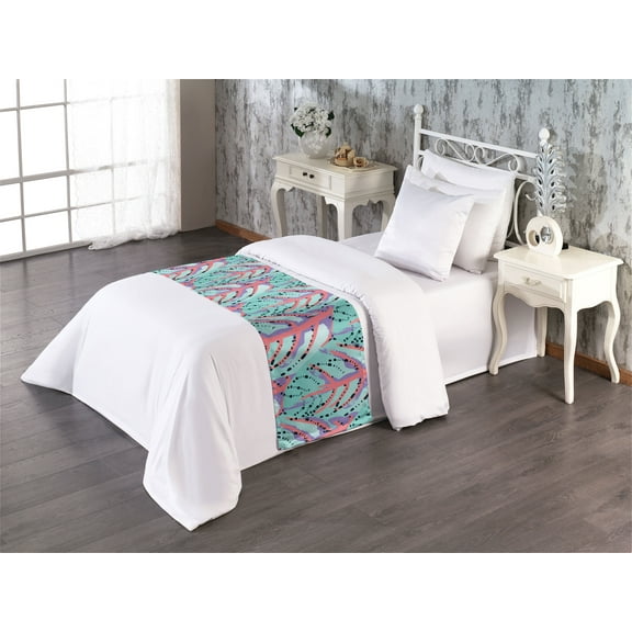 Tropical Leaves Bed Runner, Modern Design of Exotic Vibes Leaf Pattern with Pastel Colors, Decorative Accent Bedding Scarf for Hotels Homes & Guest Rooms, Twin, Seafoam Coral Fuchsia, by Ambesonne