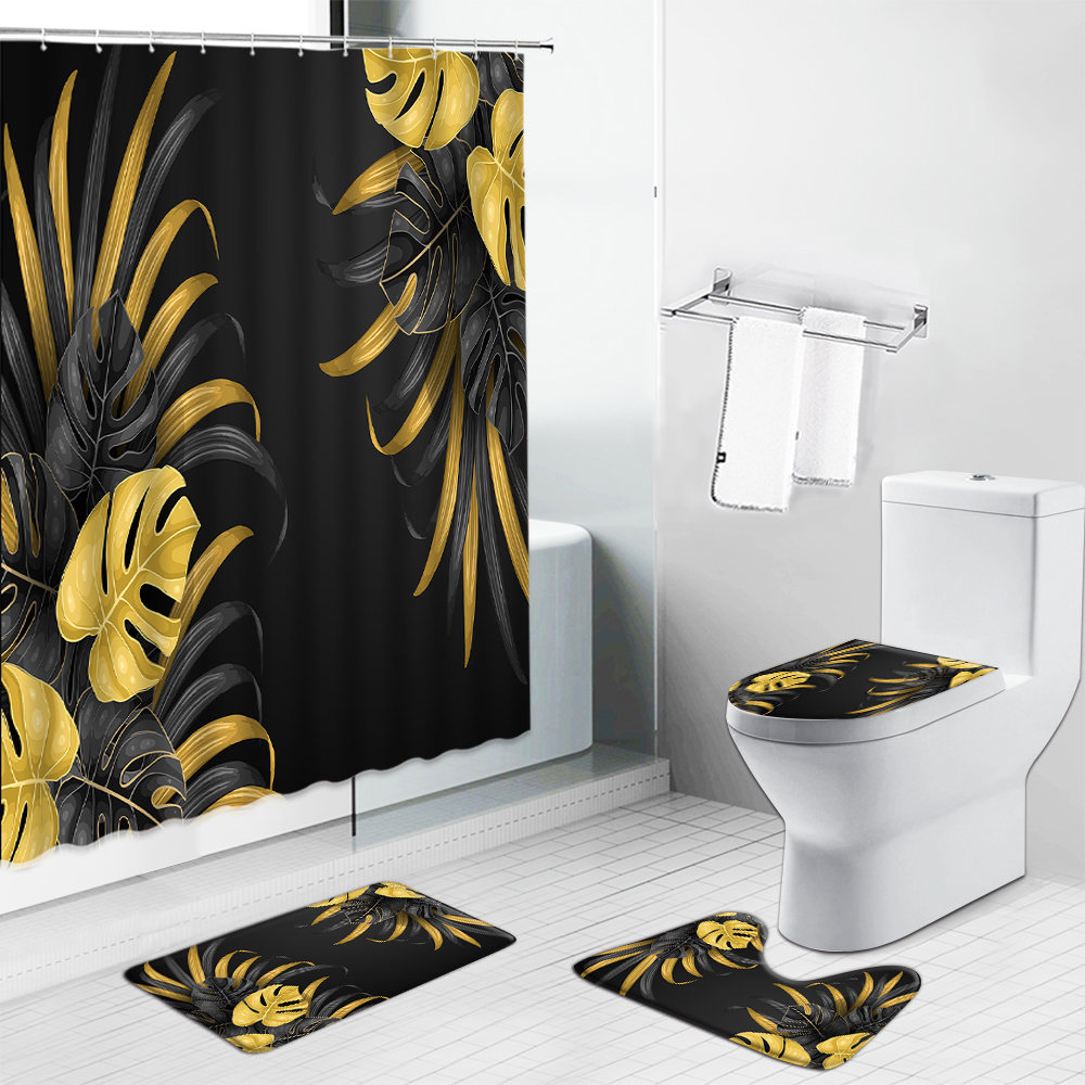 Tropical Leaves Black Shower Curtains Non-Slip Rugs Bath Mat Green Leaf Flowers Bathroom Decor Screen Toilet Luxury Carpet Set
