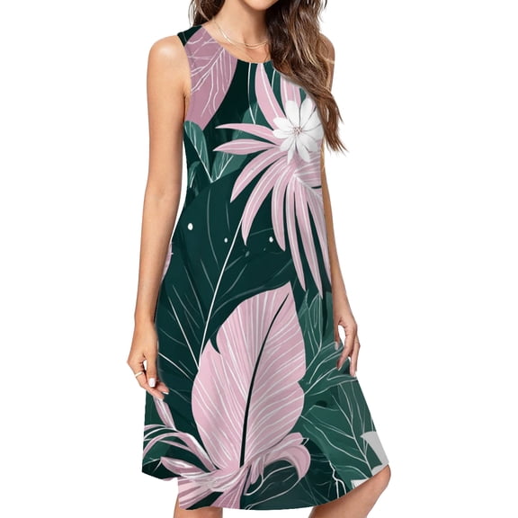 Tropical Leaves Casual Sleeveless Loose Sundress Dress For Women Summer Dress Daily Woman