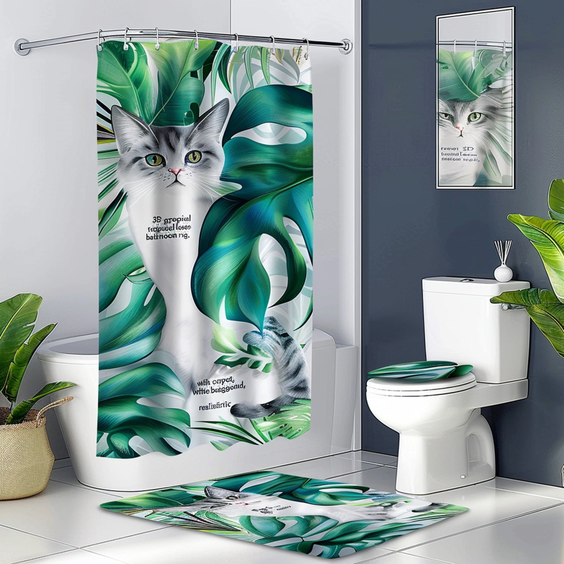 Tropical Leaves Cat Bathroom Set Shower Curtain Toilet White Background ...