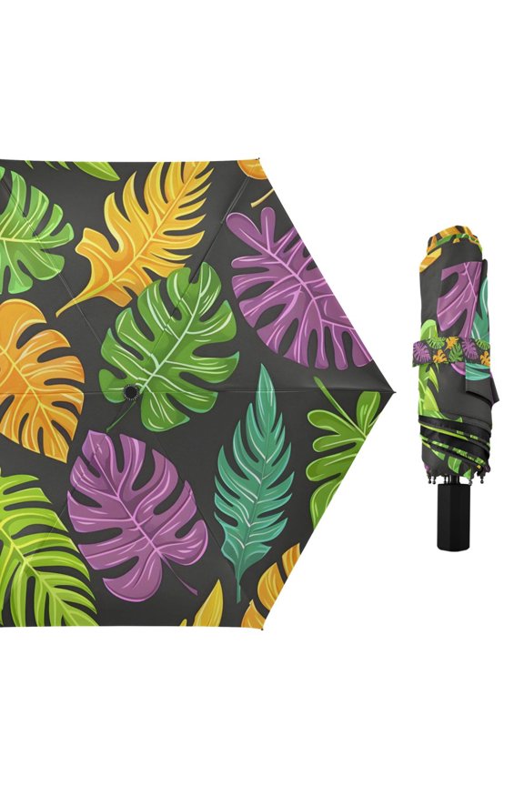 Tropical Leaves Compact Sun Umbrella Windproof Travel Umbrellas for Rain Strong Portable UV Protection