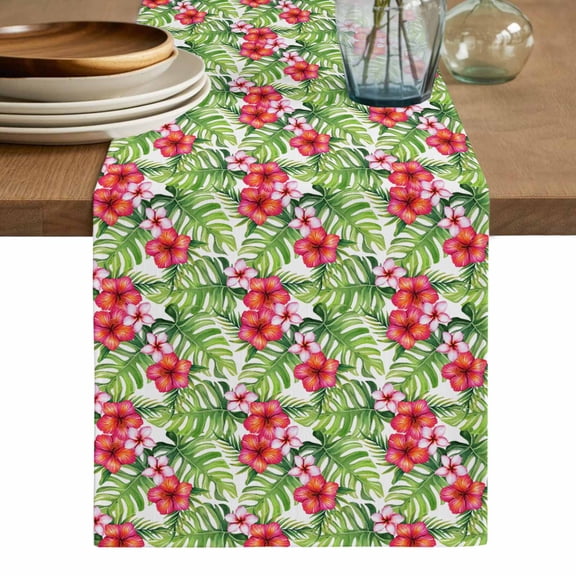 Tropical Leaves Cotton Linen Table Runner for Dining Kitchen, Summer Green Pink Flower Floral Wedding Outdoor Party Tablerunners Decoration, Dresser Scarf Coffee Tablecloth Runners 13x36 Inches