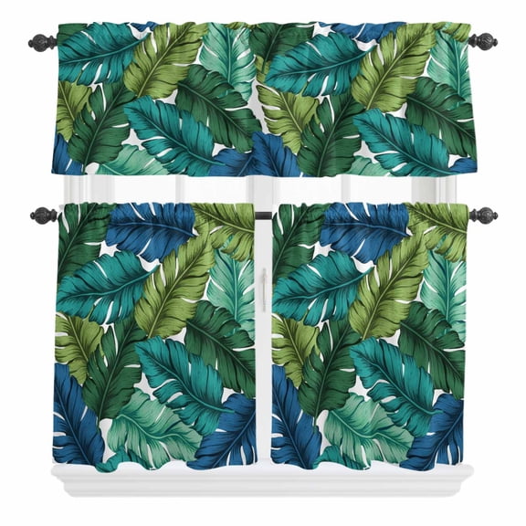 Tropical Leaves Curtain Valances Set Leaf Pattern Lime Green Teal Blue Plants Kitchen Curtains 24 inch Length Rod Pocket Valance and Tiers 3 Piece Set Small Bedroom Bathroom Laundry Decor