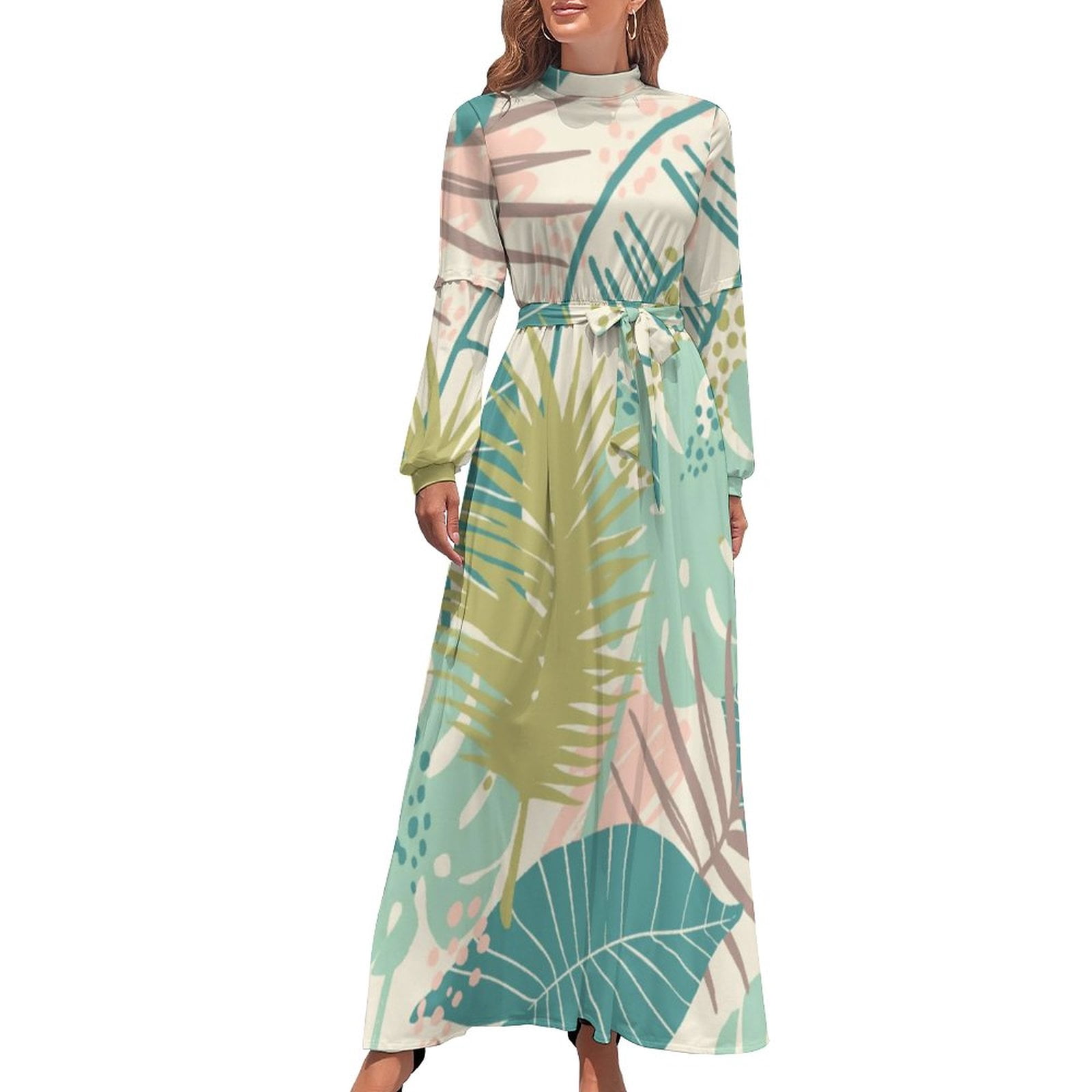 chinese dress ladies Maxi Long Hawaiian Dress Signature Lei with Sleeves Teal / M / Mae Young Designs main image 1